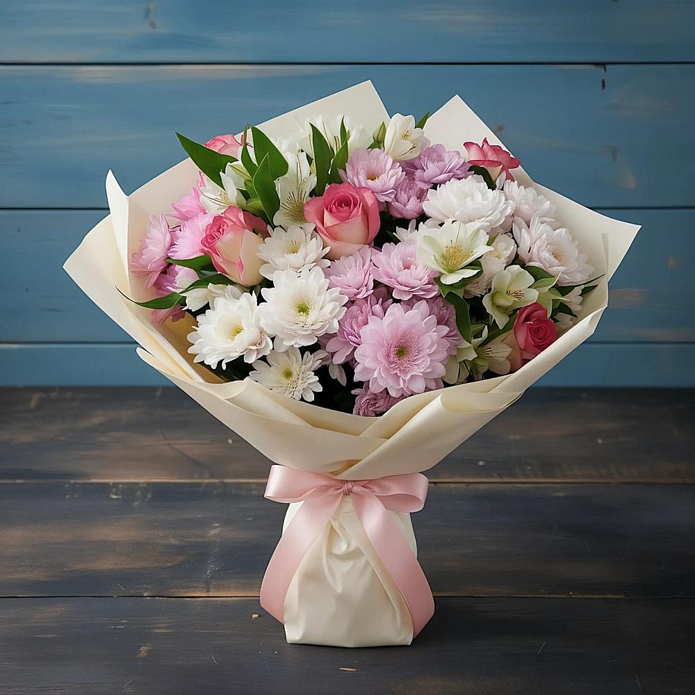 Букет цветов из: Хризантемы, Альстромерии и Розы в Умбе